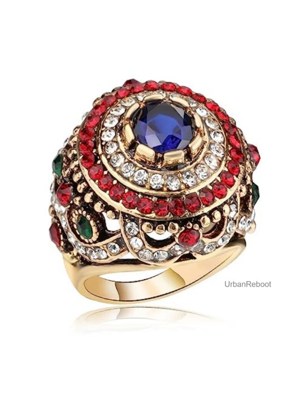 14K Yellow Gold Plated Retro Chunky Dome Ring Multi Stone Cocktail